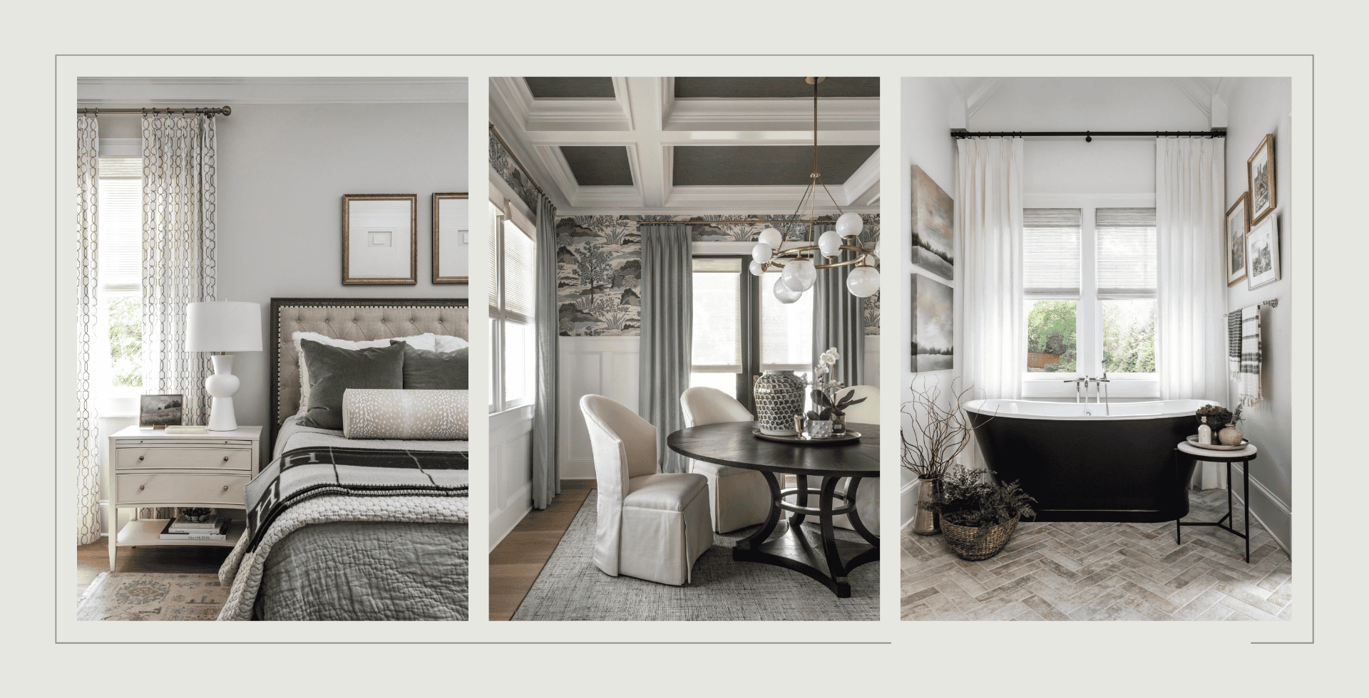 Project Carmain bedroom with green pillows and upholstered bed frame. Dining room with bubble chandelier and vintage wallpaper. Bathroom with black tub and framed pictures.