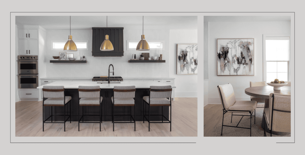 Brookhaven Modern kitchen with gold pendant lights, gray and black island chairs, and white countertops. Abstract art, round dining room table, cream chairs.