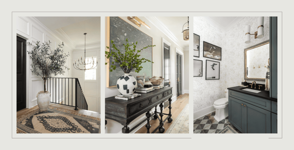 Project Carmain stairway with large plant and chandelier. Entryway with chalkboard art and wood entry table. Bathroom with checked flooring and blue cabinets.