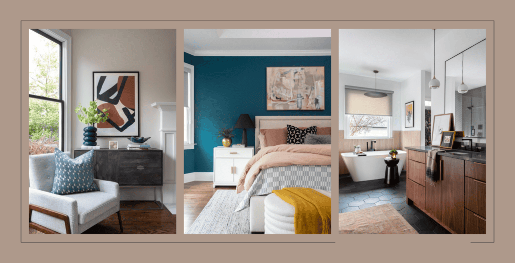 Project Briarwood's sitting area with mid-centry abstract art and white chair. Bedroom with blur walls and pink bedsheets. Bathroom with black flooring and custom wood vanity.