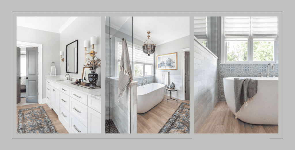 Brookhaven Reno bathroom with white vanity and dried flowers in blue china vase. Blue chandelier hangs over white tub.