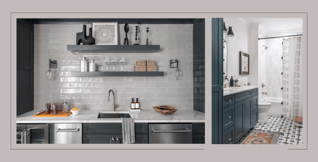 Brookhaven Basement bar with gray subway tile and African inspired decor on shelves. Bathroom with blue cabinets and patterned black and white flooring.