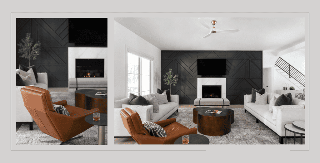 Living room with black wall, metal round coffee table, leather chairs, and white couches.