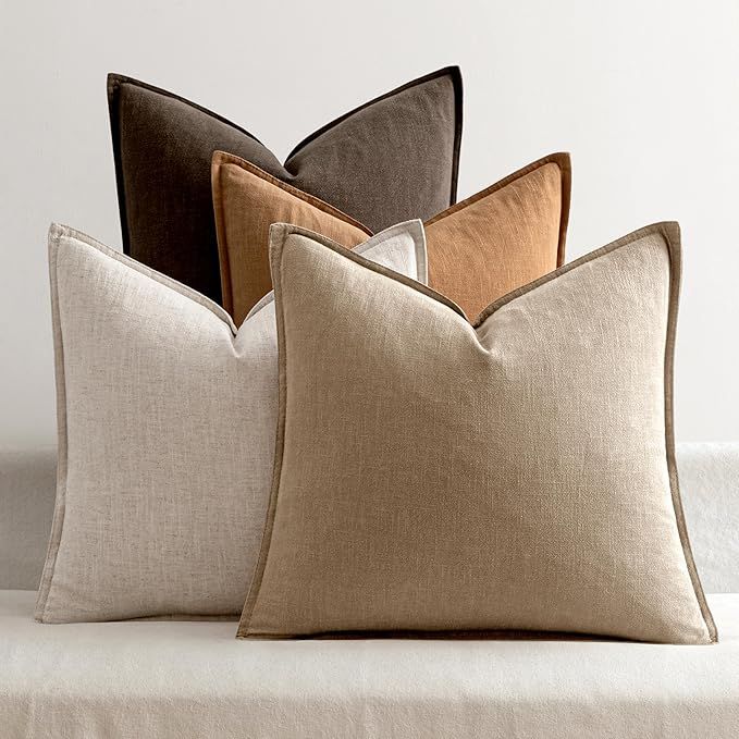 4 square linen pillows in cream, brown, rust, and beige