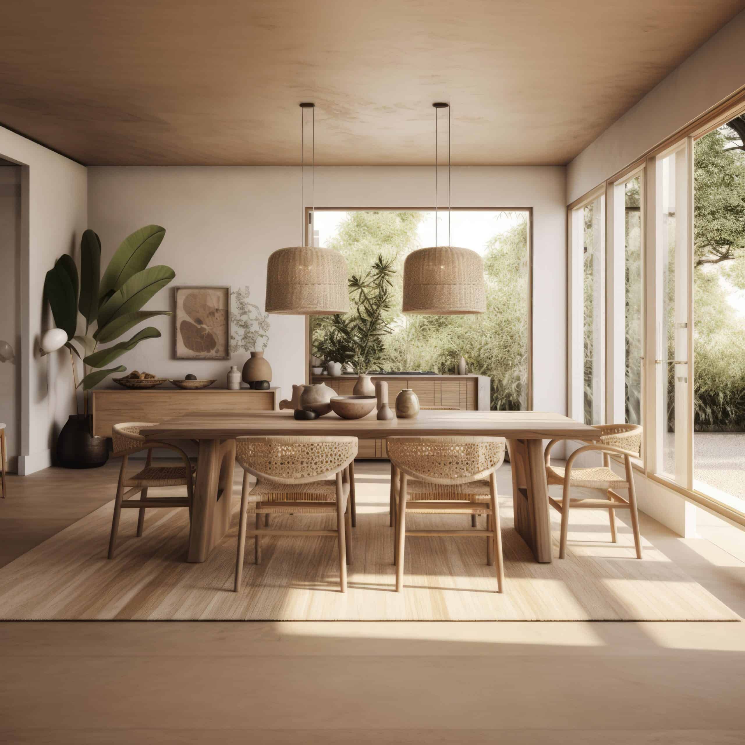 Two rattan chandeliers shaped like upside down baskets hang over a wood table with rattan chairs in a neutral dining room. 