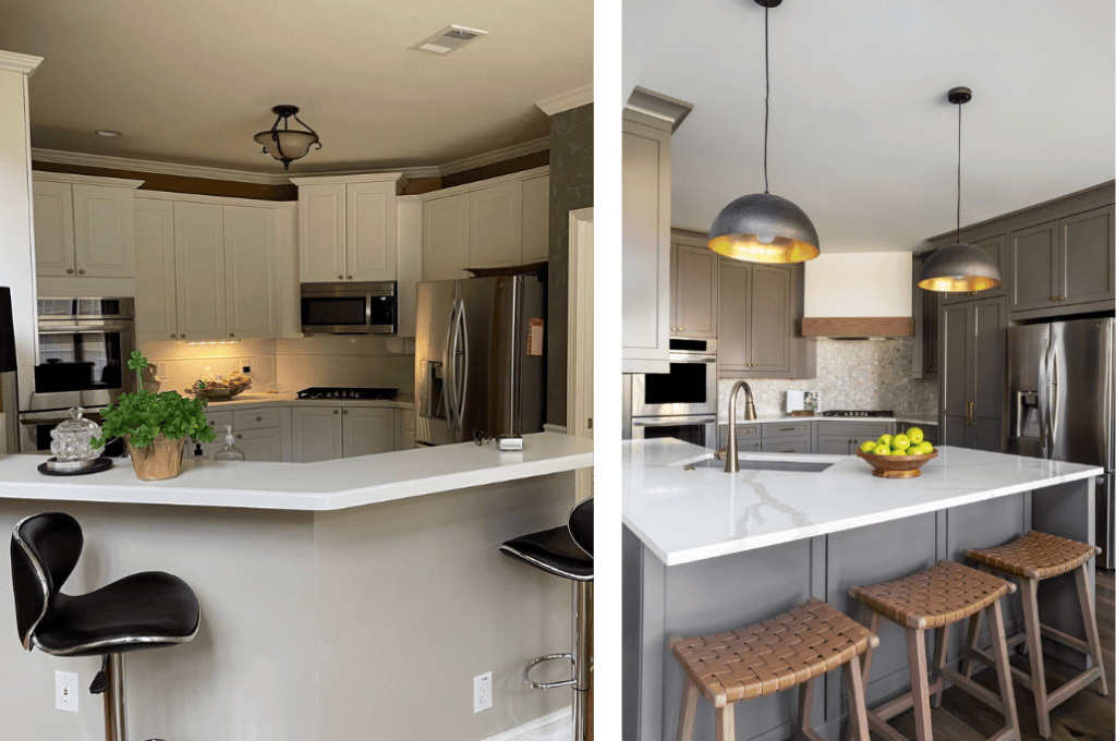 Before and after pictures of a modern sleek kitchen that got new countertops and a hidden pantry.
