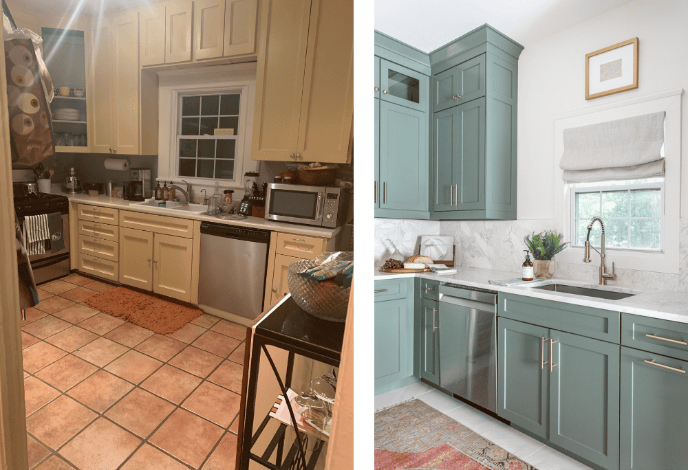 Before and after pictures of small kitchen. New tile, cabinet paint, and appliances round out this modern transformation.