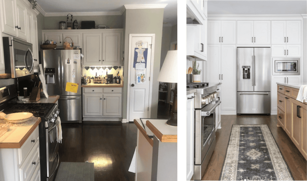 Before and after pictures of a kitchen that was cluttered with various objects taking up most of the counter space. In the after, a light wood kitchen island was added and the white cabinets surrounding the fridge now reach the ceiling.
