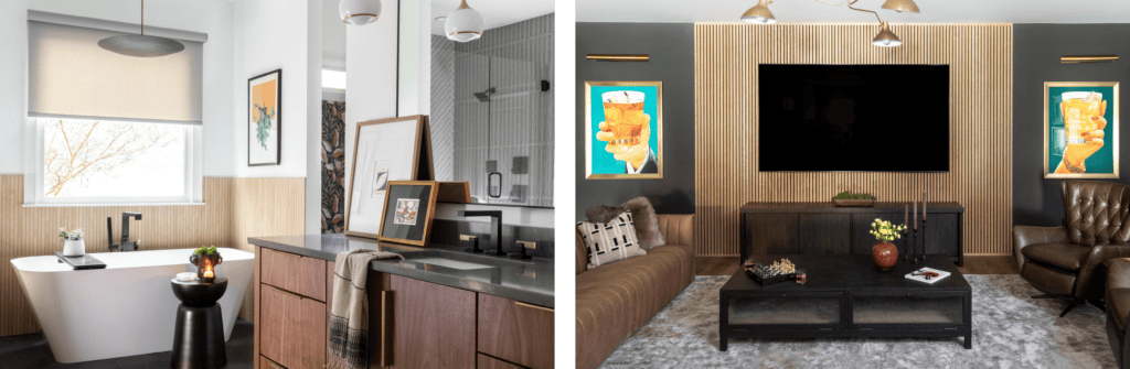 A chic bathroom with a freestanding tub, wood-paneled walls, and a dual vanity with dark countertops, complemented by a modern living room with wood accents and a large TV.