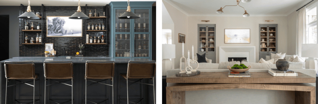 A stylish home bar area with dark cabinetry, a brick backsplash, and three leather barstools, contrasted with a light and airy living room featuring a cozy seating area and built-in cabinetry.