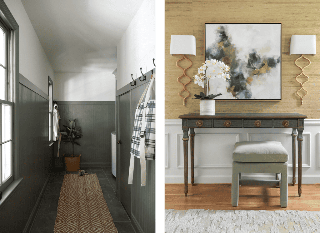 A narrow mudroom with green beadboard paneling, a long runner rug, and a small potted plant near the end, featuring hooks along the walls for hanging bags and coats. An elegant console table with intricate carvings, set against a textured wall with a modern abstract painting, flanked by two wall-mounted lamps with gold accents.
