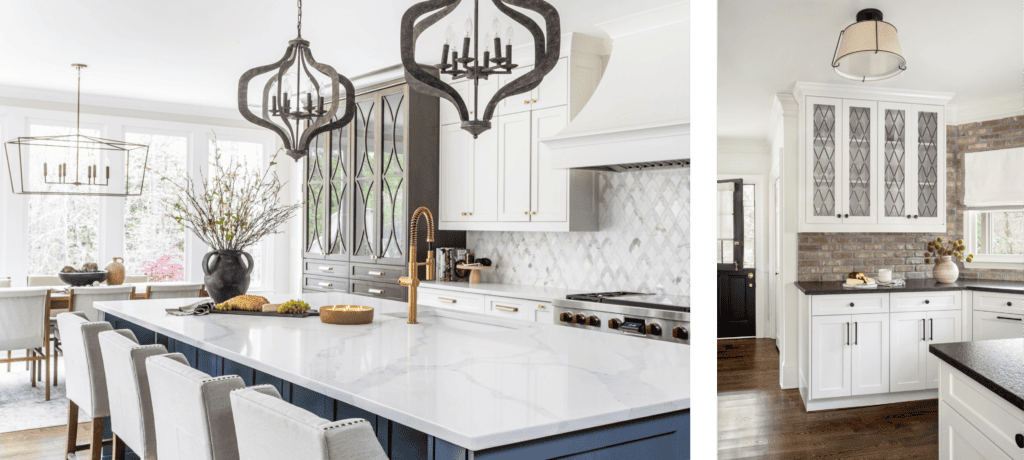 A spacious kitchen with a large marble-topped island, statement chandeliers, and white cabinetry, set against a backdrop of large windows and a dining area with a view of greenery. Another white kitchen with muntin windows and brick backsplash