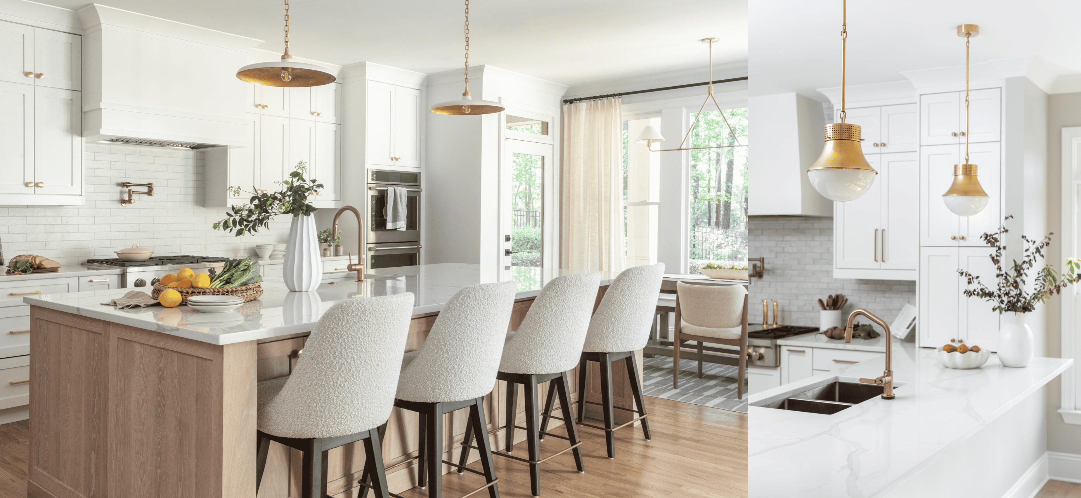 Gold pendants lights hanging over white kitchen islands in two modern kitchen spaces. 