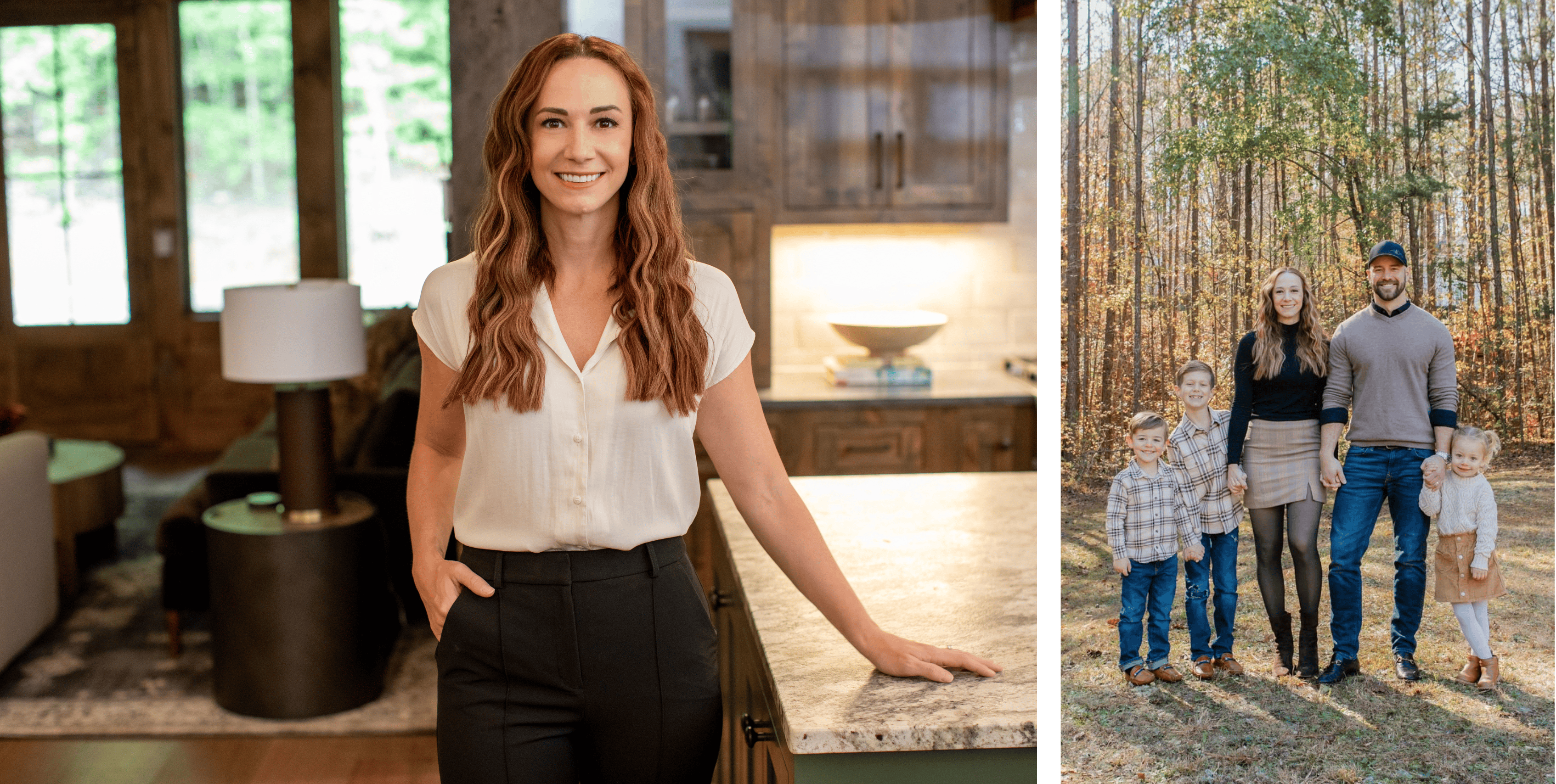 A woman and her family are in a living room and kitchen.