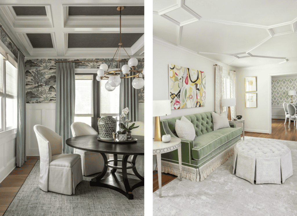 A sophisticated dining room with wainscoting, floral wallpaper, and a round dining table under a statement chandelier, and a living room with a green velvet sofa and abstract artwork, and decorative ceiling.