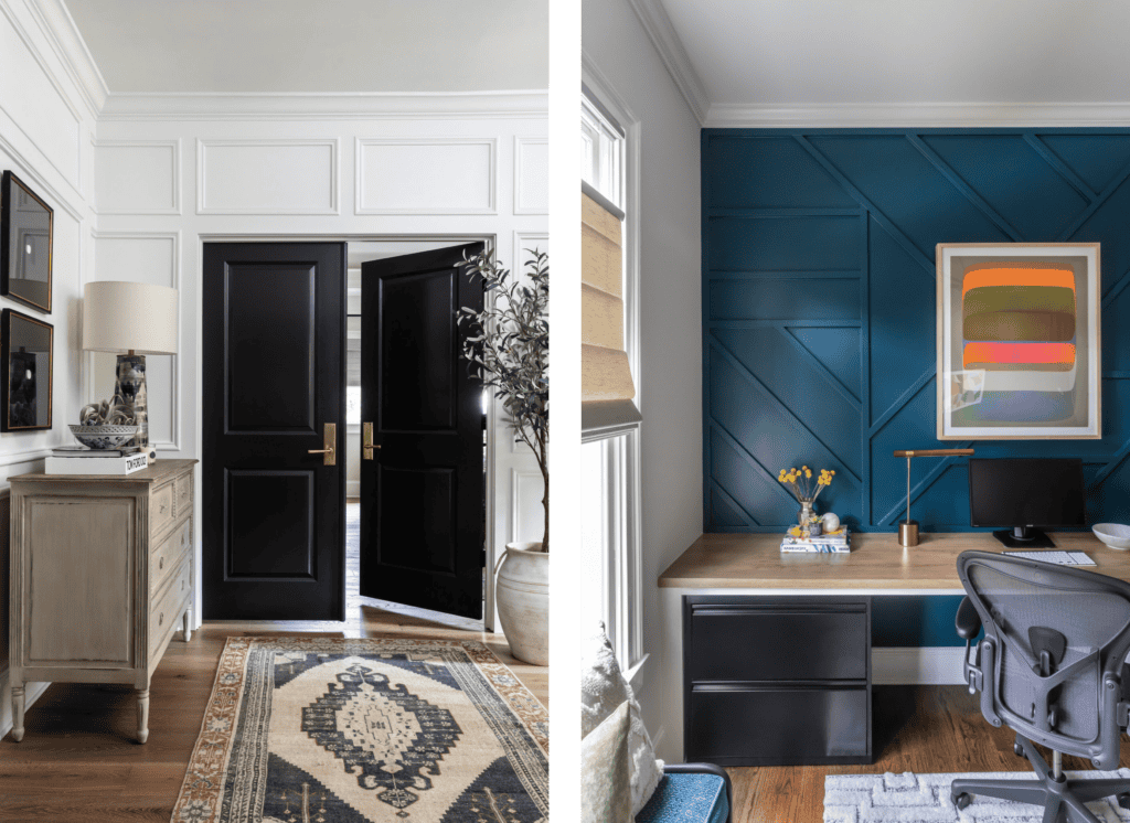 A traditional entryway with black double doors, white paneled moulding, and a rustic wooden console, paired with a cozy home office featuring a bold blue accent wall and modern desk setup.