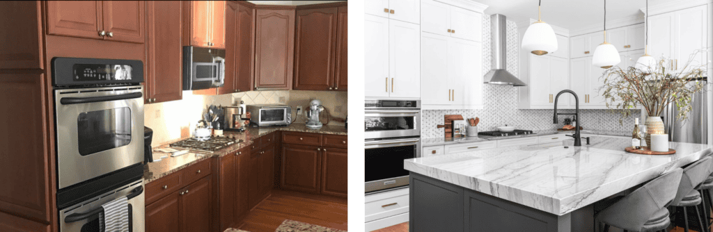 Before and afters pictures of kitchen with brown cabinets to white cabinets with gold hardware, a new kitchen island with marble countertop, and a mosaic backsplash.