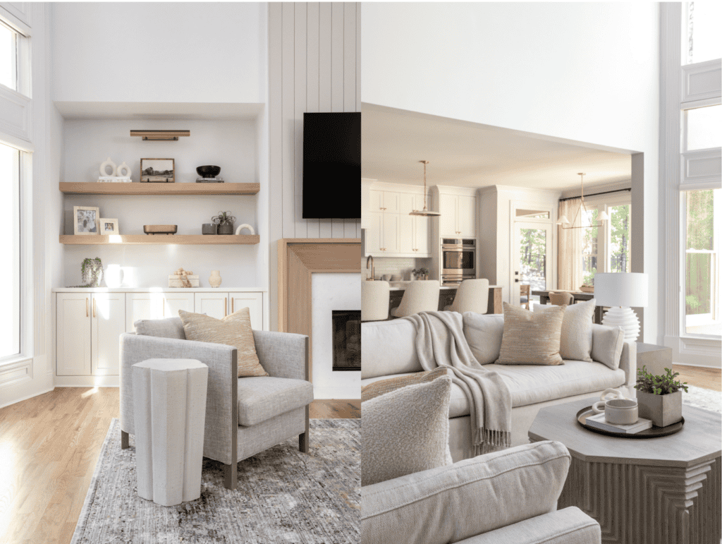 Example of custom furniture design in Atlanta with a gray living room chair and sectional. Chair has oak detailing up with arms and sectional has custom dimensions to fill out the space.