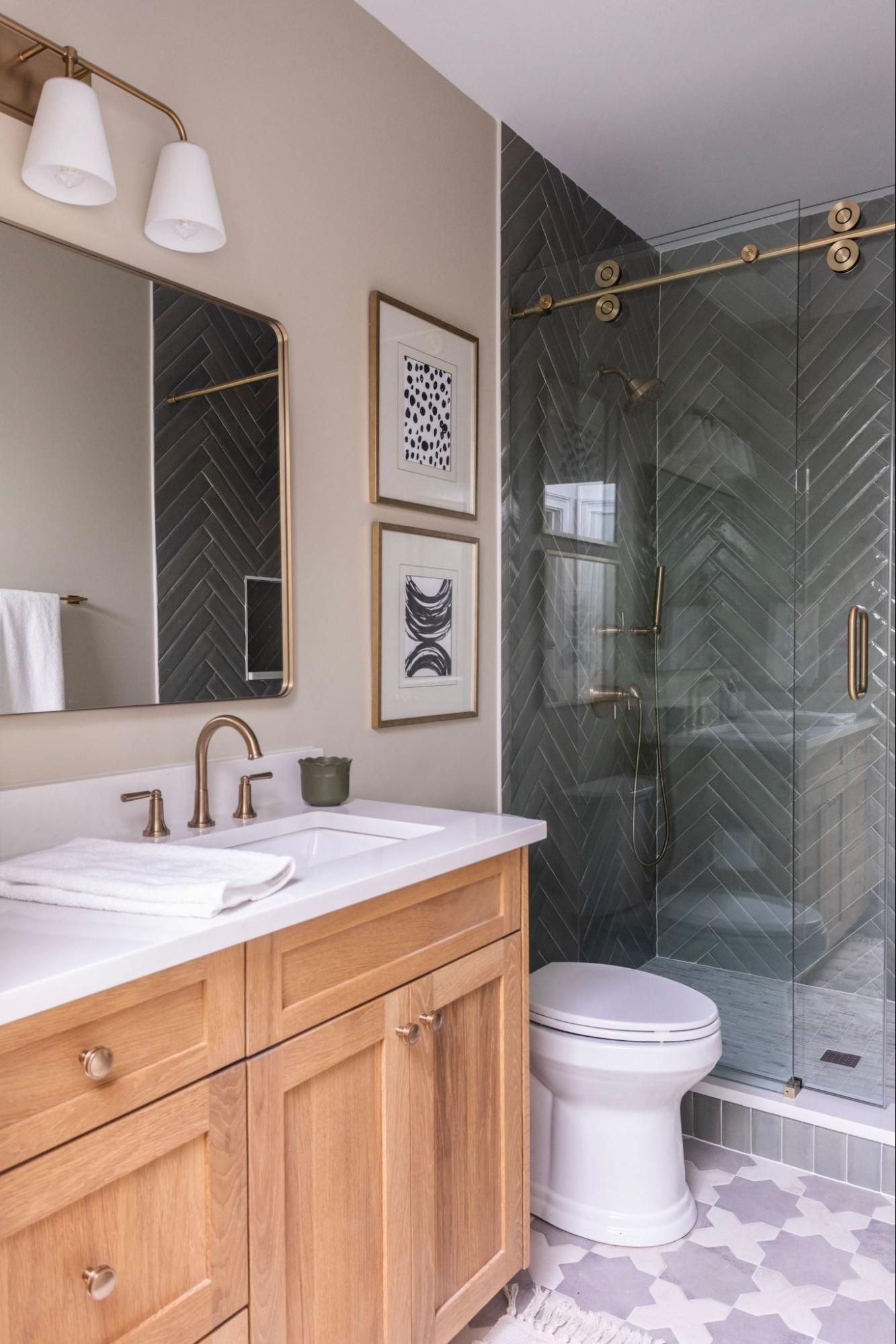 Bathroom with walls in Sherwin-Williams Simple Stone.
