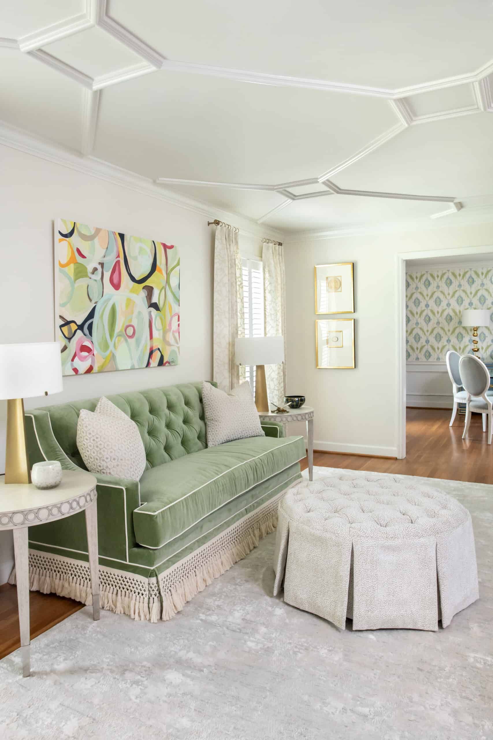 eclectic living room with a velvet green couch