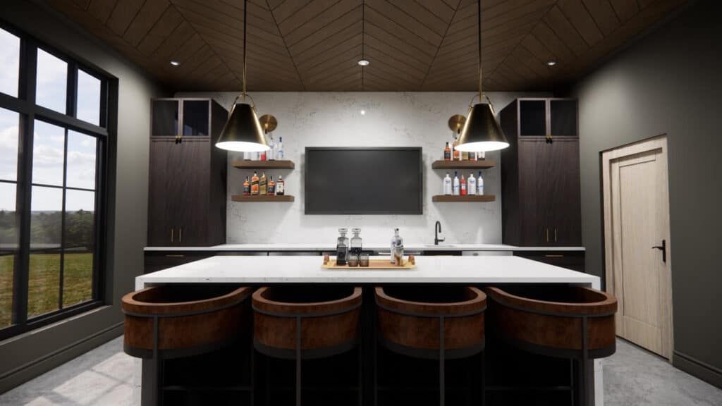 A rendering of a bar set-up in a home. Shows wood and black metal stools, hanging lights, a white modular kitchen island, spirits on shelves in the background, and dark wood cabinets on either side of the back counter.