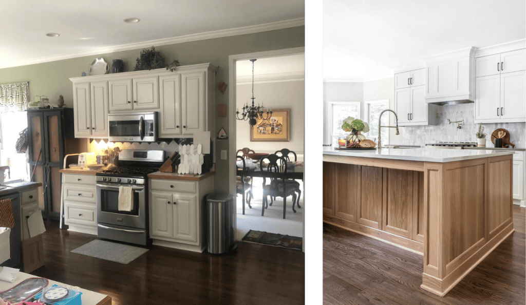 Before and after pictures of a kitchen with a now large kitchen island, white tile backsplash, and increased storage and surface area